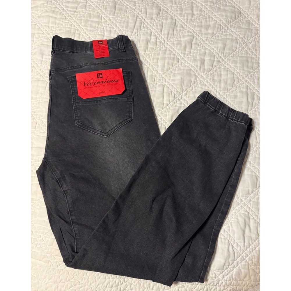 Victorious JG803 Mens Black Denim Joggers Elastic Waist Cuffs Jeans 3XL NWT
